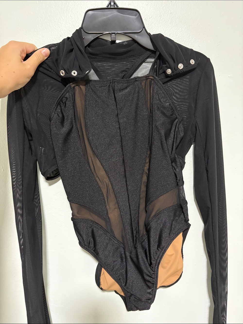Girls comfy black leotard with black mesh shoulder jacket